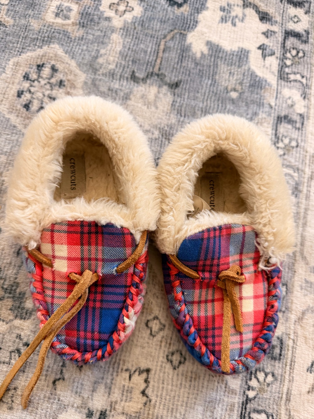 Crewcuts Plaid Moccasin Slippers with Faux-Fur Trim - Red, Blue, Cream